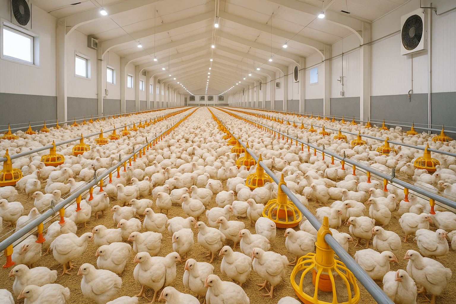 Modern commercial poultry facility with broiler chickens