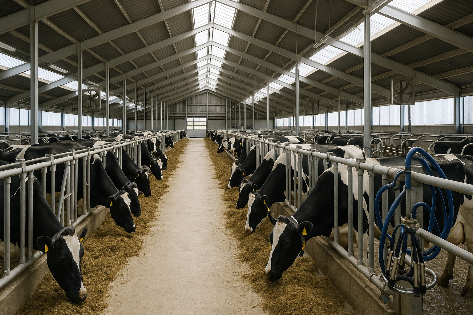 Modern dairy farm facility with Holstein cows